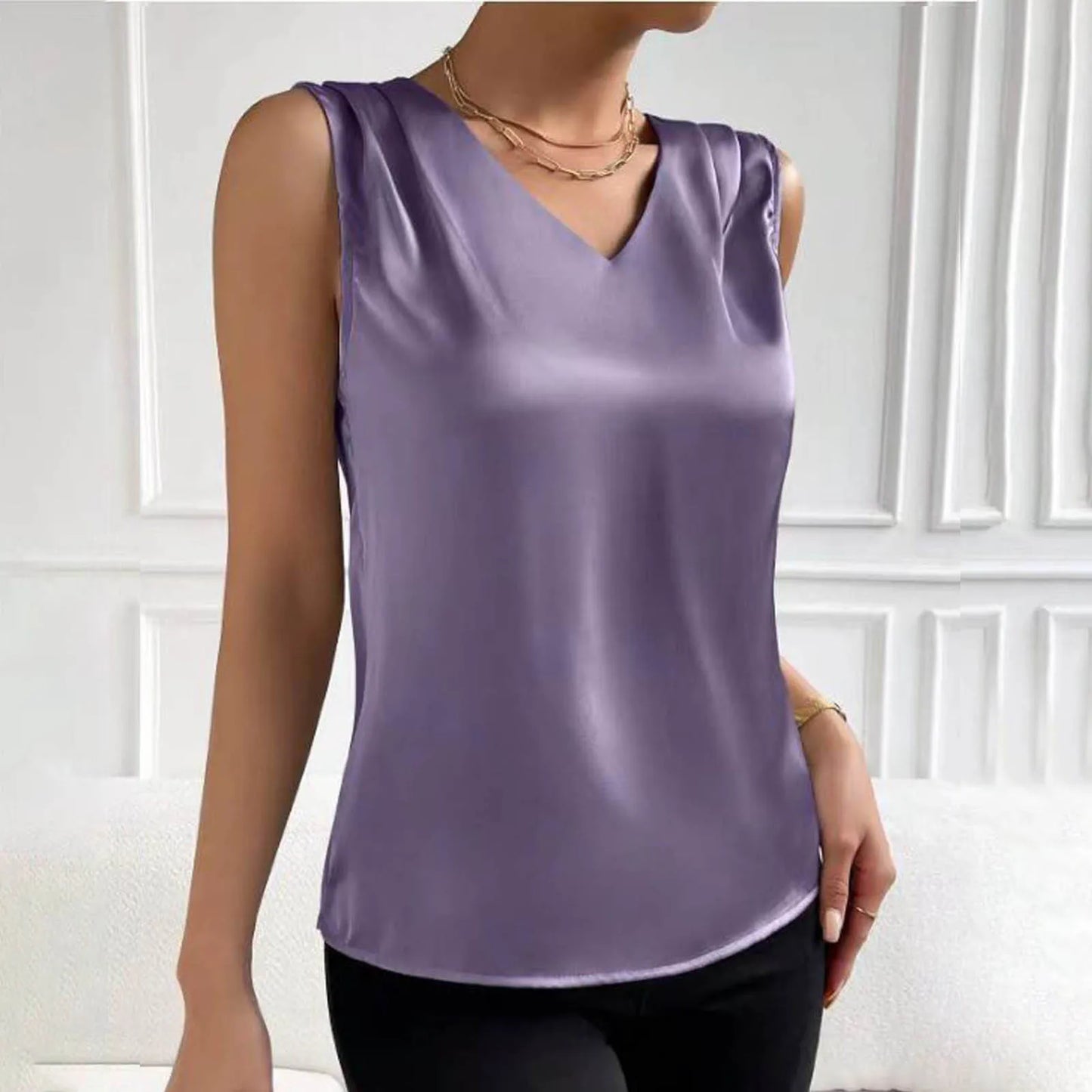 Summer V Neck Satin Casual Vest Top for Women