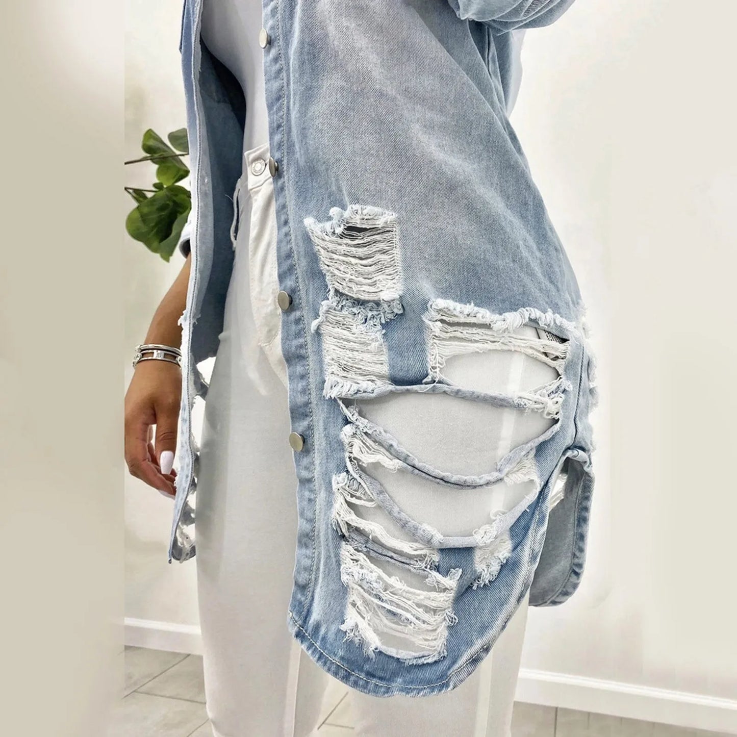 Stylish Women Denim Jacket with Distressed Design