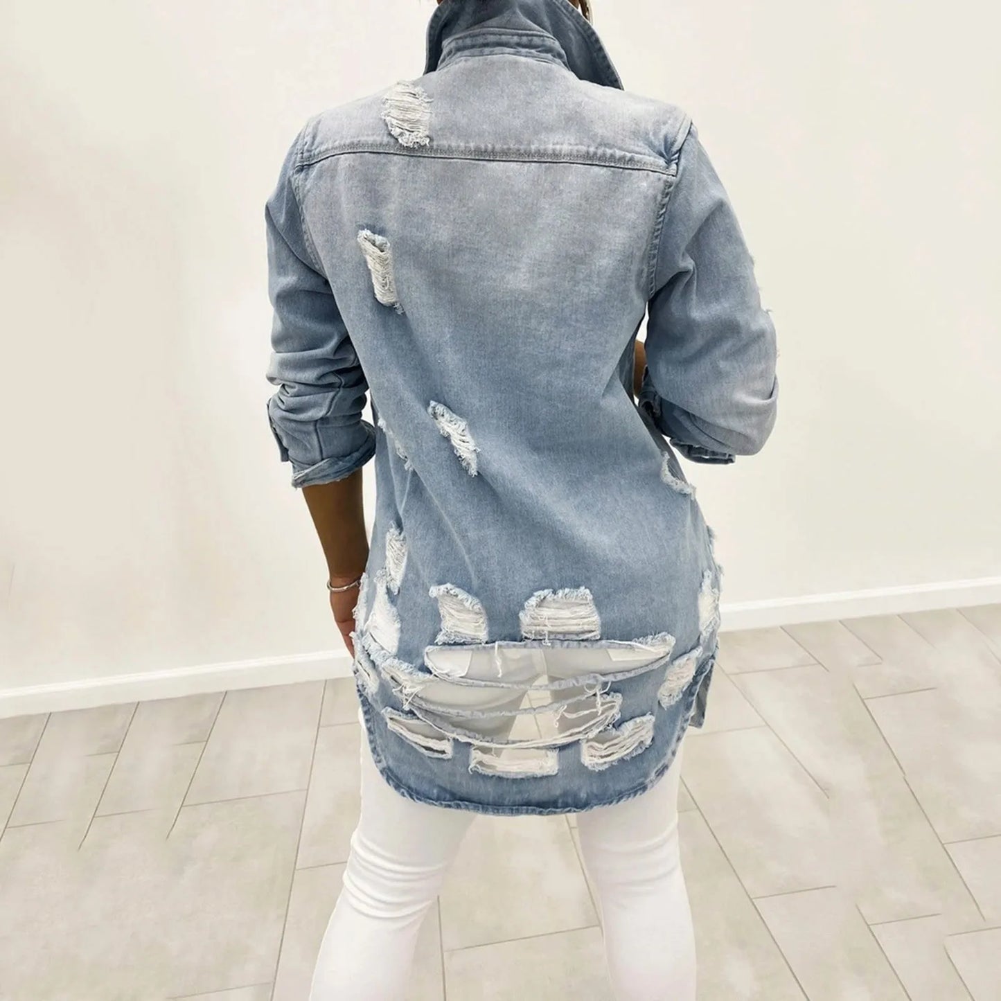 Stylish Women Denim Jacket with Distressed Design