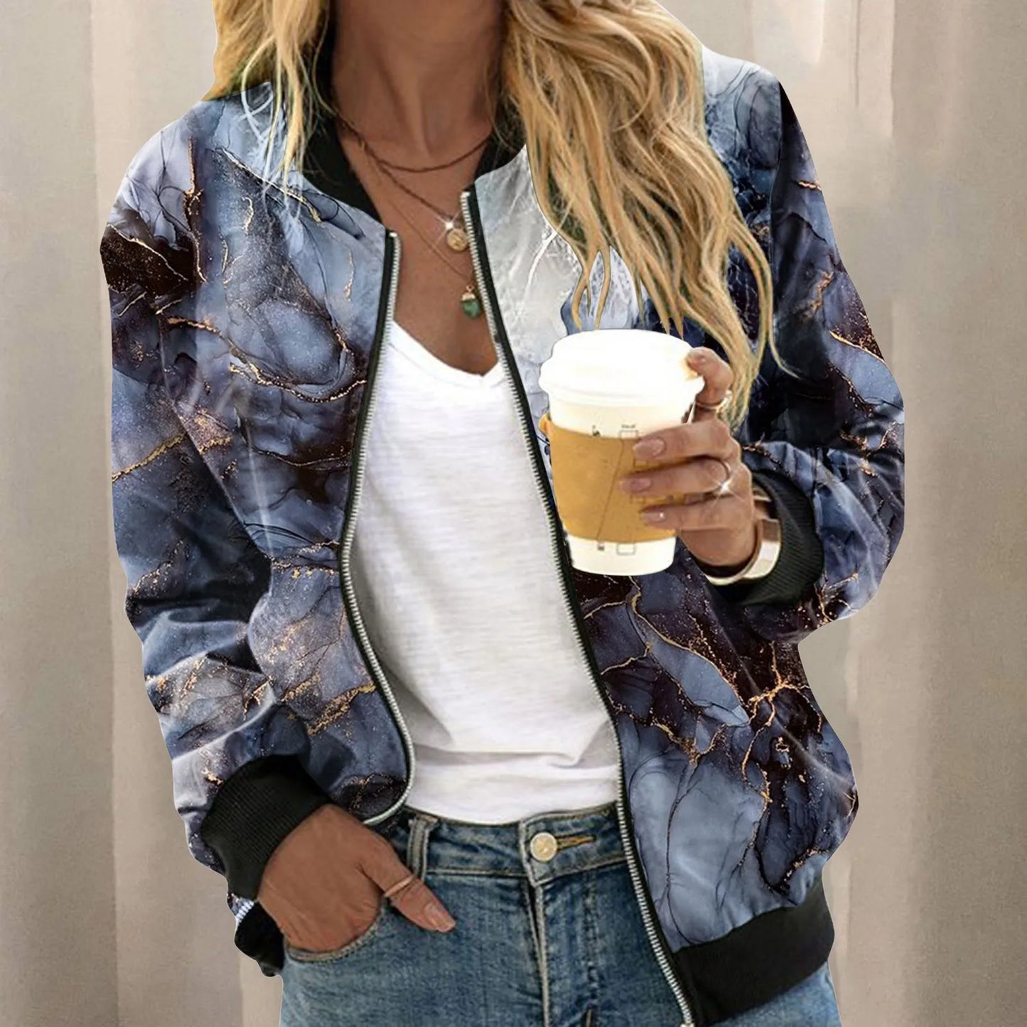 Floral Gradient Slim Fit Bomber Jacket for Women