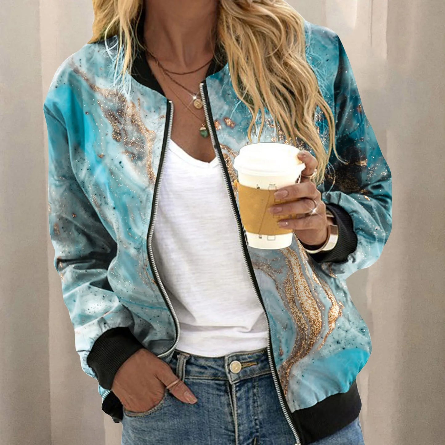 Floral Gradient Slim Fit Bomber Jacket for Women