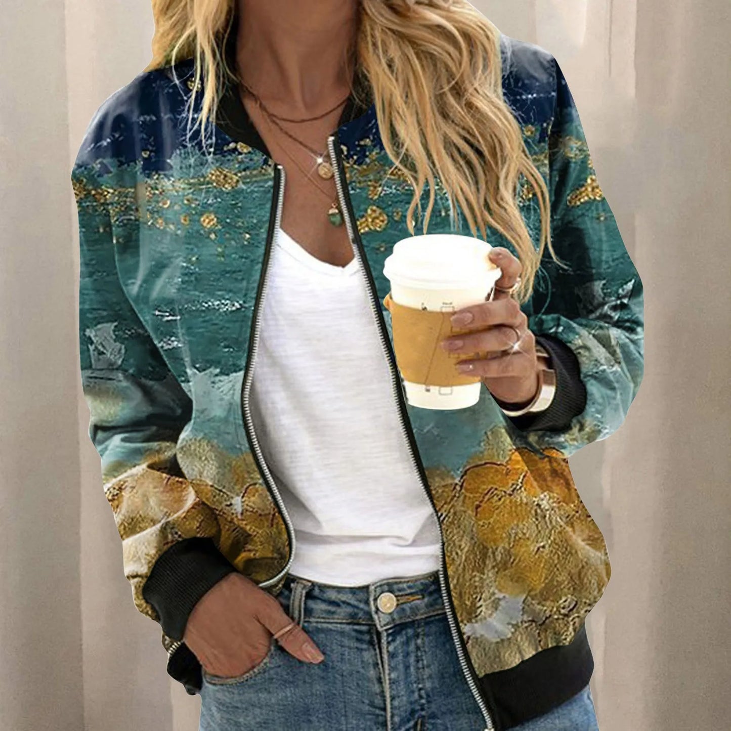 Floral Gradient Slim Fit Bomber Jacket for Women