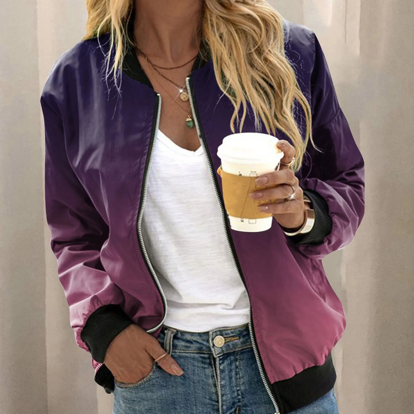 Floral Gradient Slim Fit Bomber Jacket for Women