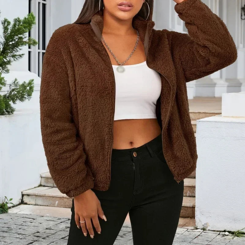 Warm Plush Full Zip Stand Collar Jacket for Women