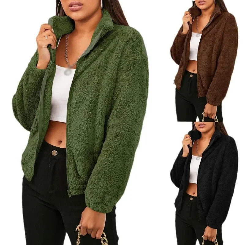 Warm Plush Full Zip Stand Collar Jacket for Women