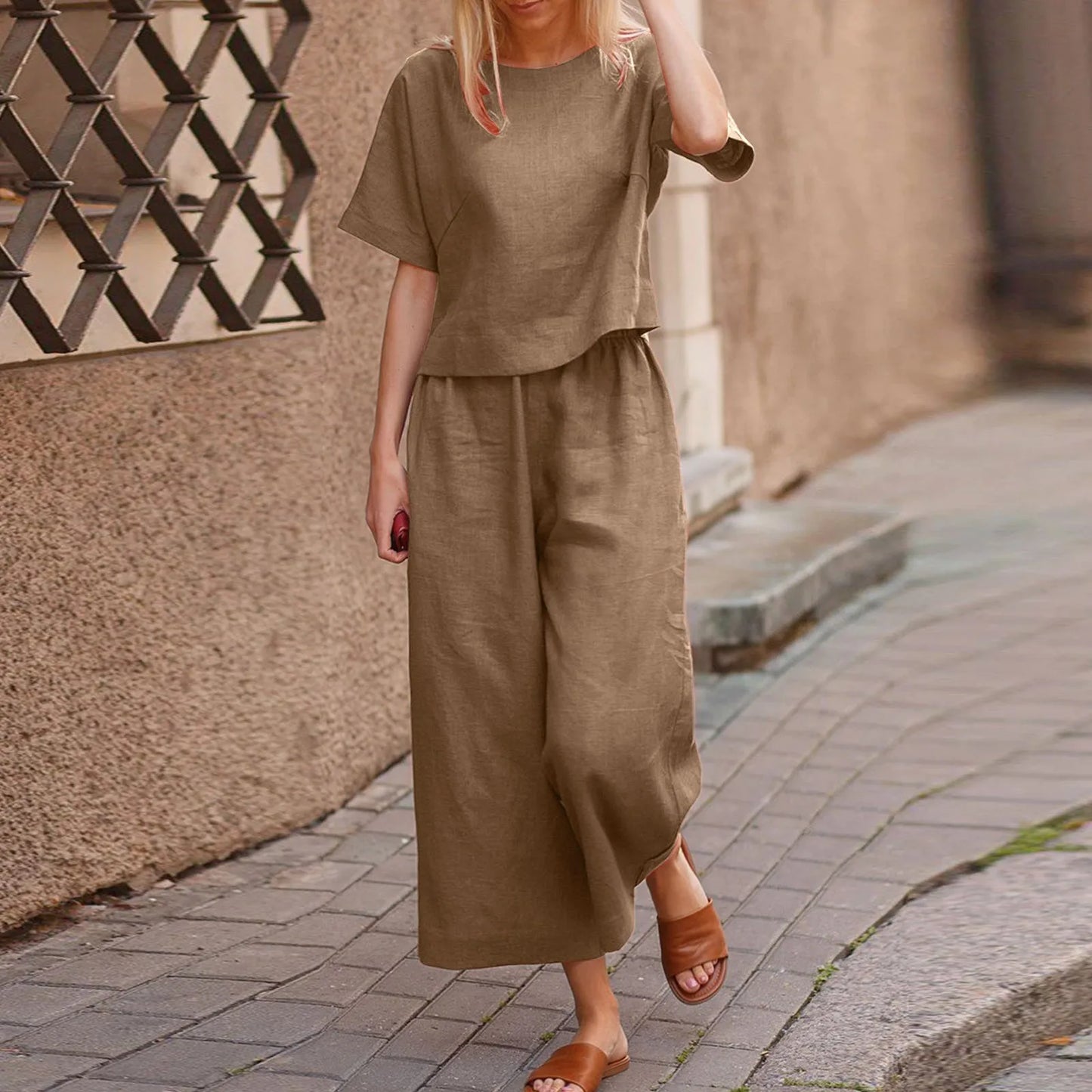 Women Casual Cotton Linen Summer Set Outfit