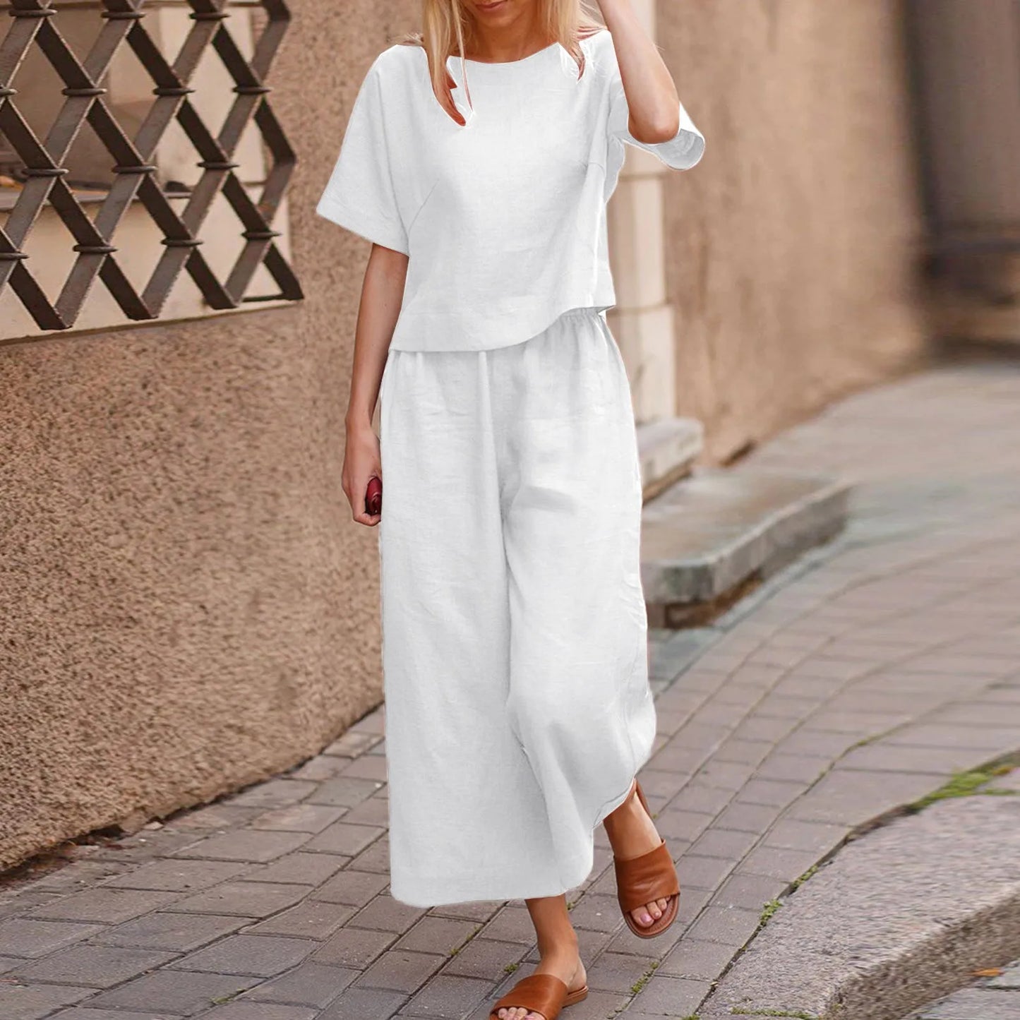 Women Casual Cotton Linen Summer Set Outfit