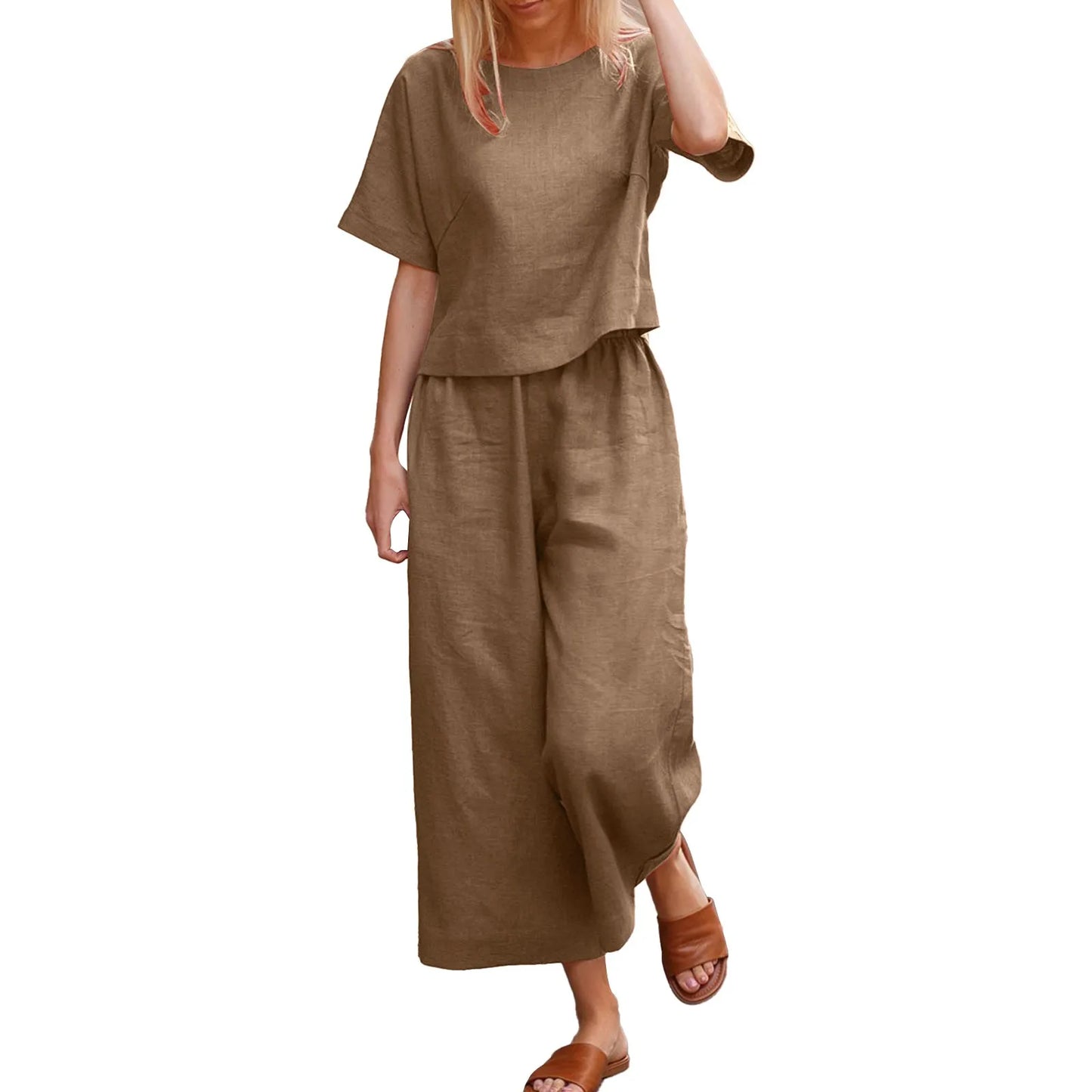 Women Casual Cotton Linen Summer Set Outfit