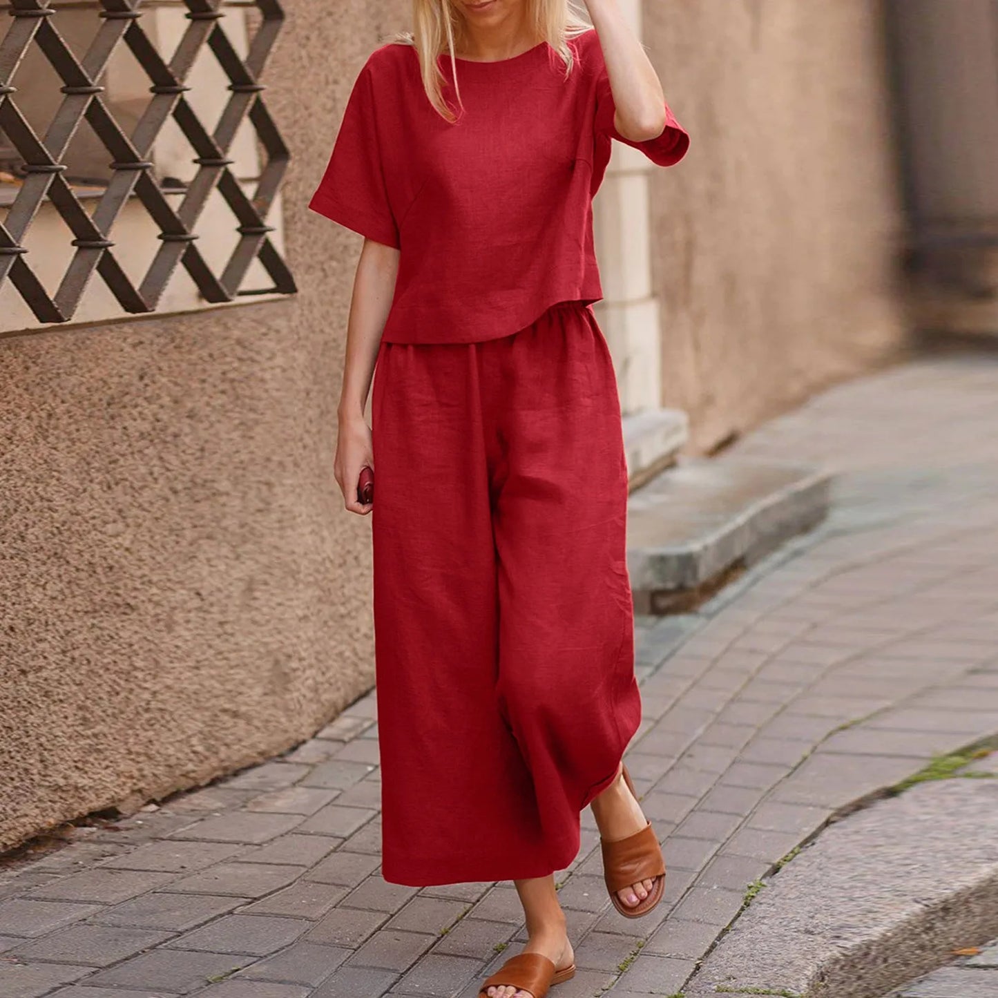 Women Casual Cotton Linen Summer Set Outfit