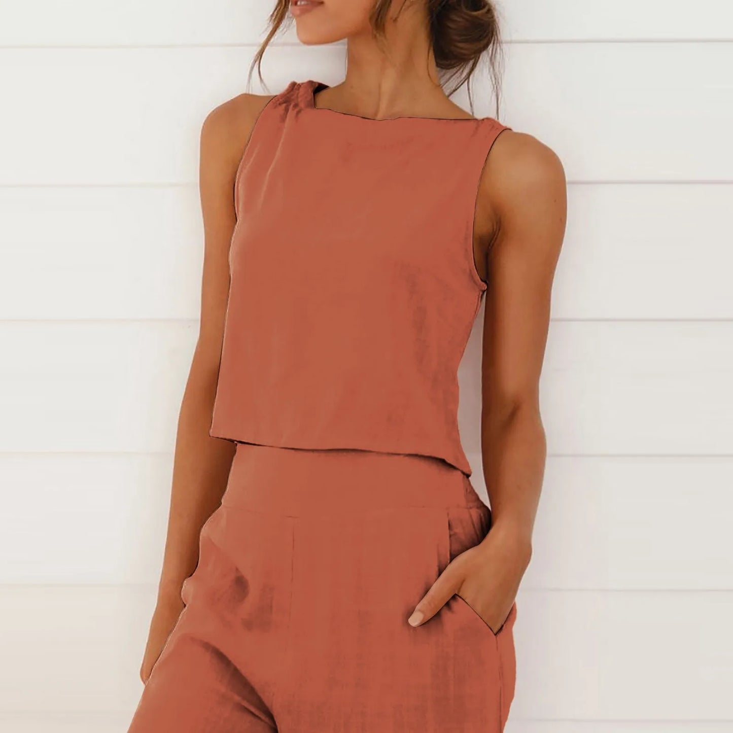 Women Summer Casual Linen Two Piece Pants Set