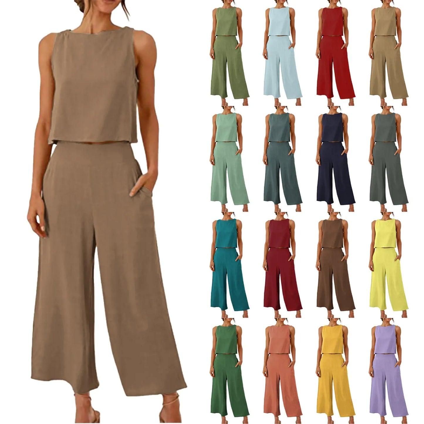 Women Summer Casual Linen Two Piece Pants Set