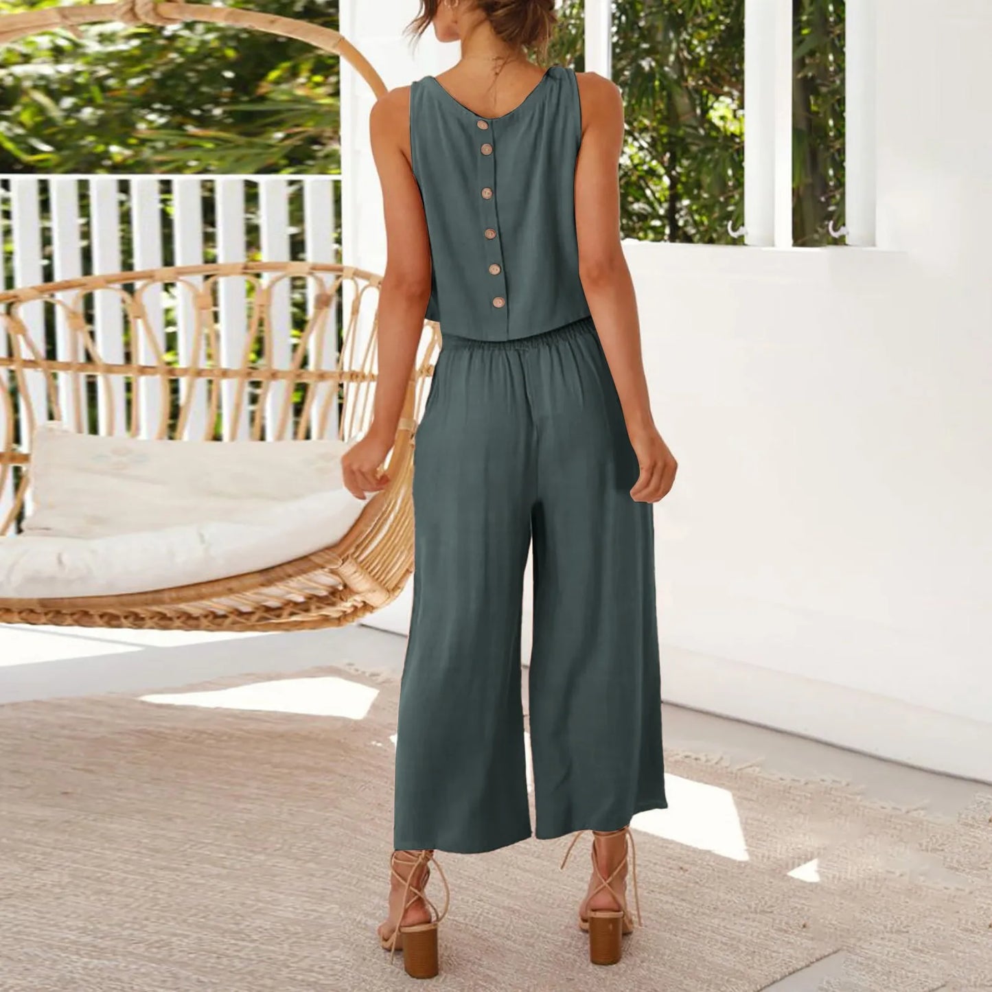 Women Summer Casual Linen Two Piece Pants Set