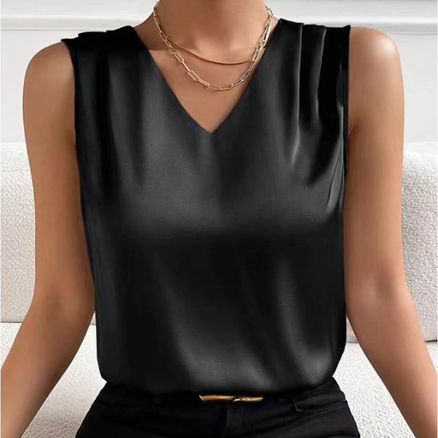 Summer V Neck Satin Casual Vest Top for Women