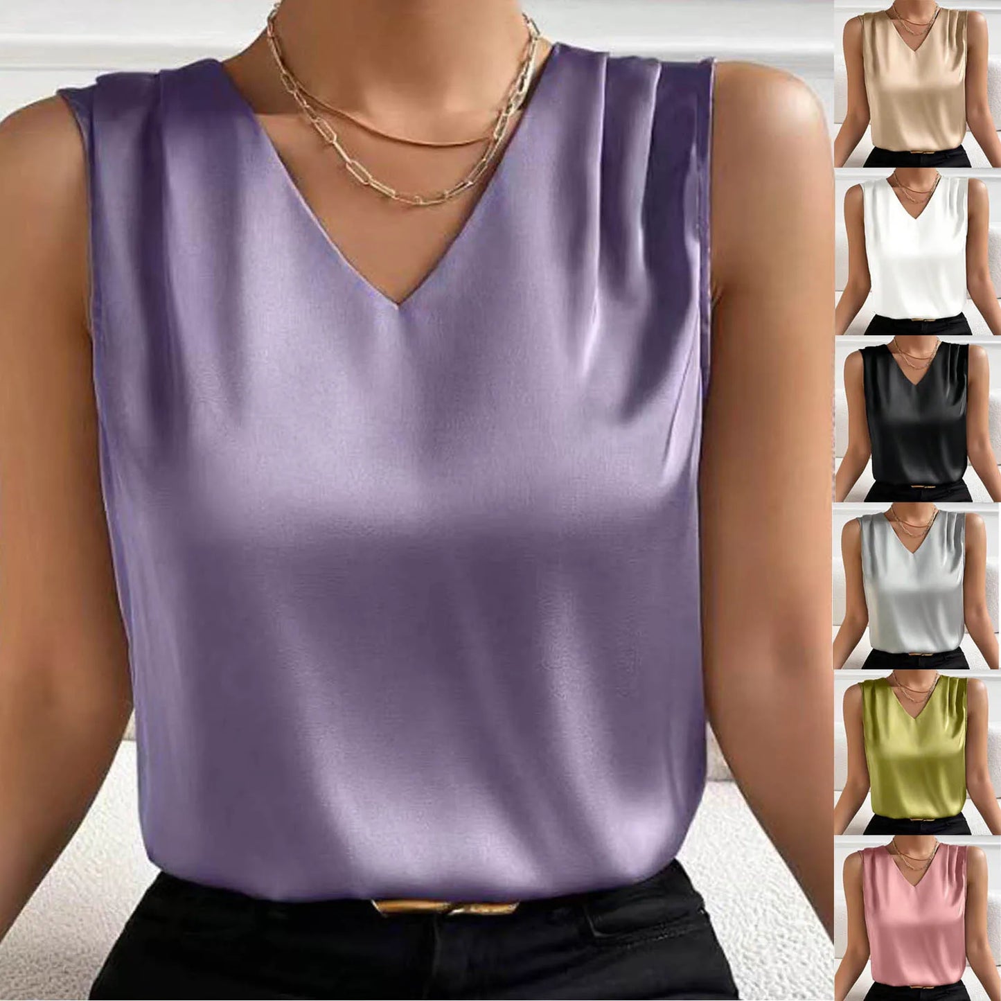 Summer V Neck Satin Casual Vest Top for Women