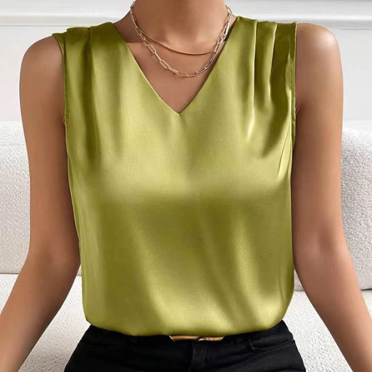 Summer V Neck Satin Casual Vest Top for Women