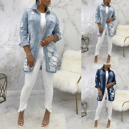 Stylish Women Denim Jacket with Distressed Design