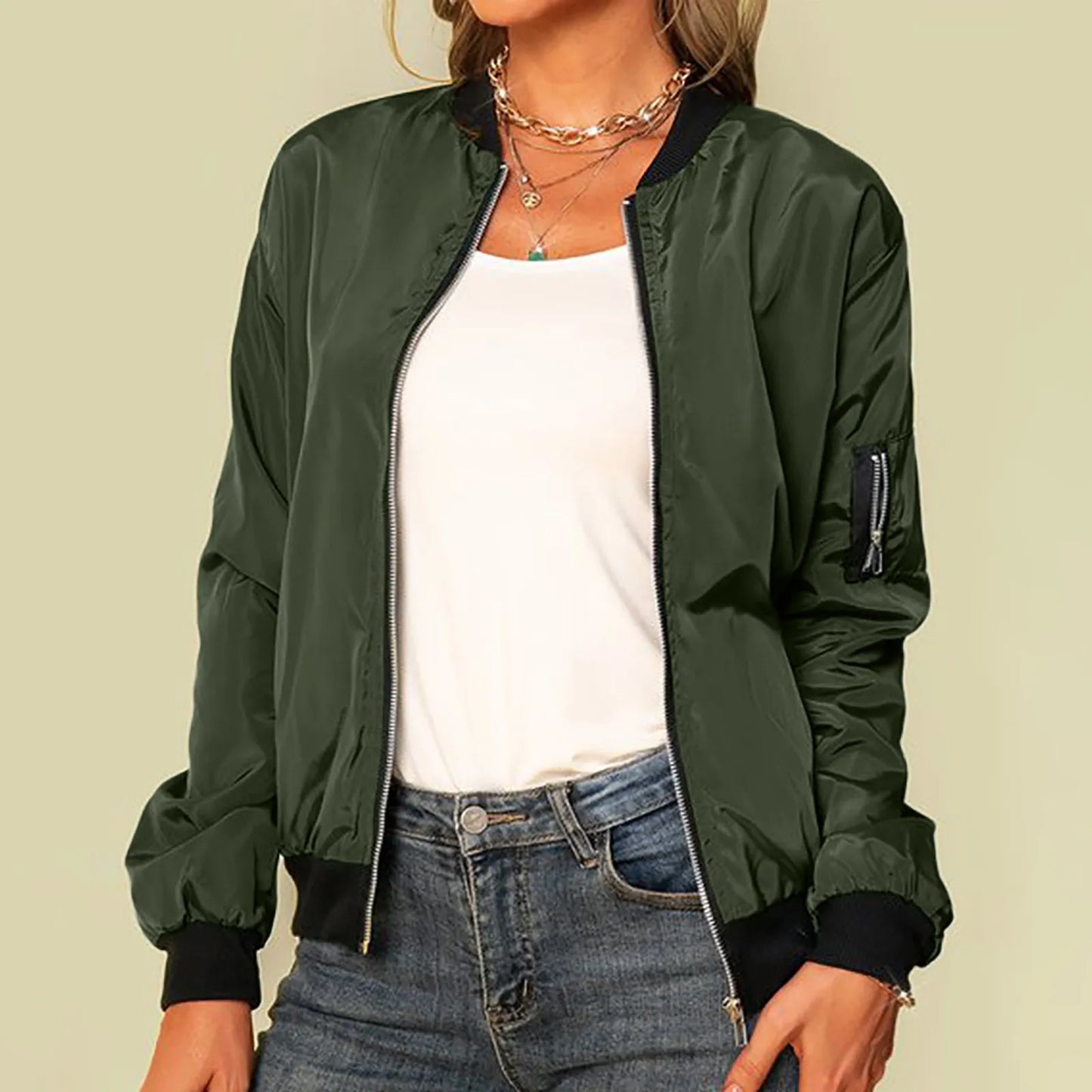 Stylish Women's Army Green Bomber Jacket