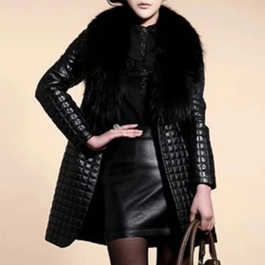 Women Long Sleeve Faux Leather Winter Jacket