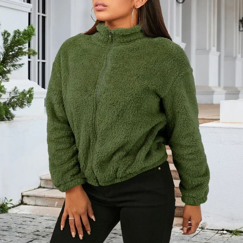 Warm Plush Full Zip Stand Collar Jacket for Women