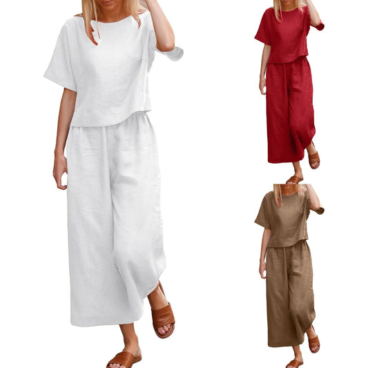 Women Casual Cotton Linen Summer Set Outfit