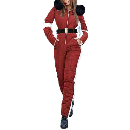 Womens Winter Waterproof Ski Jumpsuit with Fur Collar