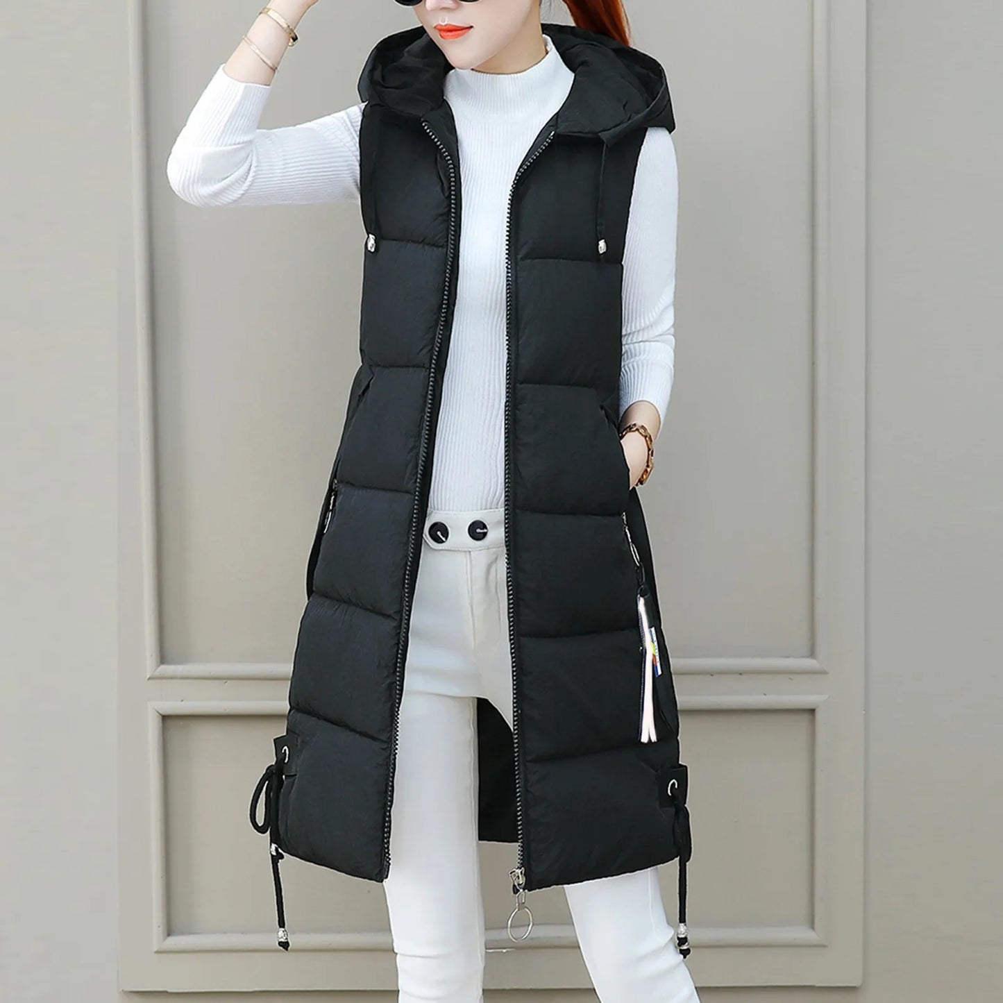 Women Solid Hooded Vest Stylish Sleeveless Jacket