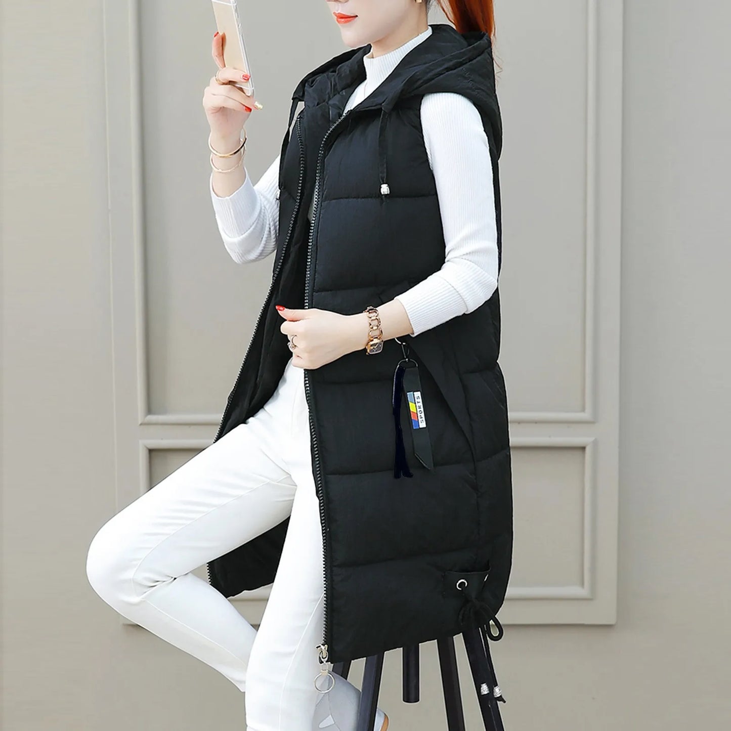 Women Solid Hooded Vest Stylish Sleeveless Jacket