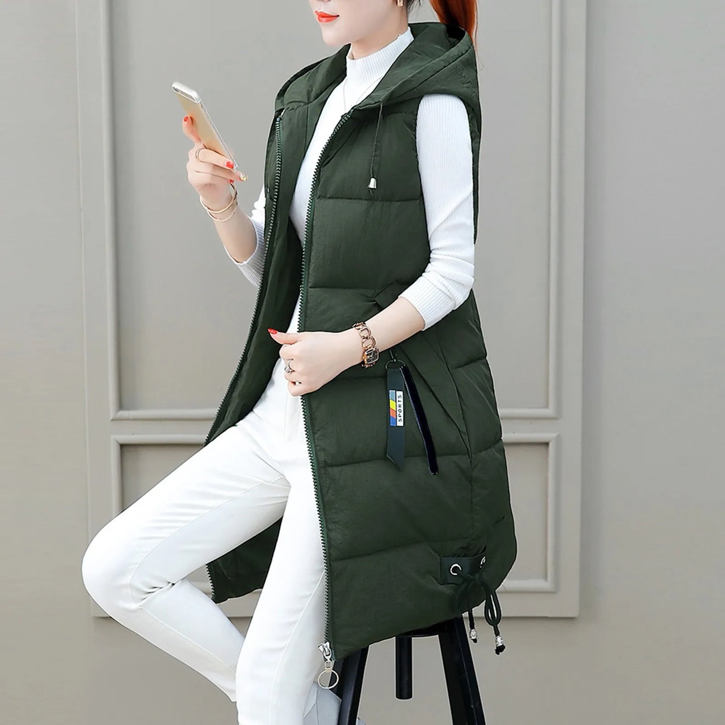 Women Solid Hooded Vest Stylish Sleeveless Jacket