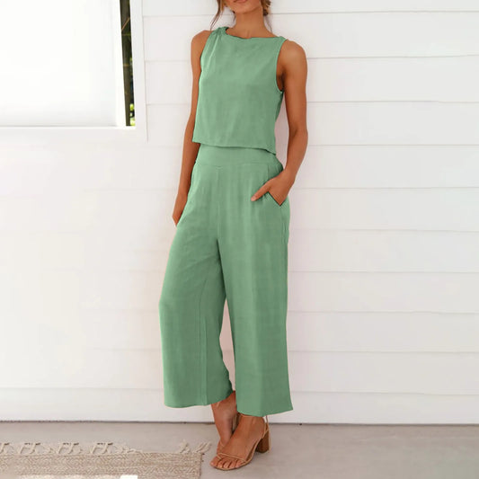 Women Summer Casual Linen Two Piece Pants Set