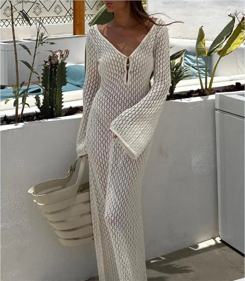 Women Long Knit Beach Dress Deep V-Neck Cover Up