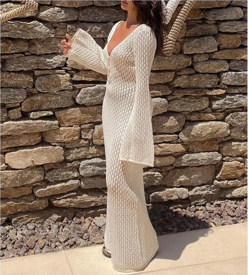 Women Long Knit Beach Dress Deep V-Neck Cover Up